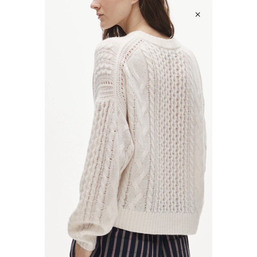 J Crew Cashmere cable-knit blouson-sleeve relaxed fit sweater Snow size L NWT - Picture 7 of 15